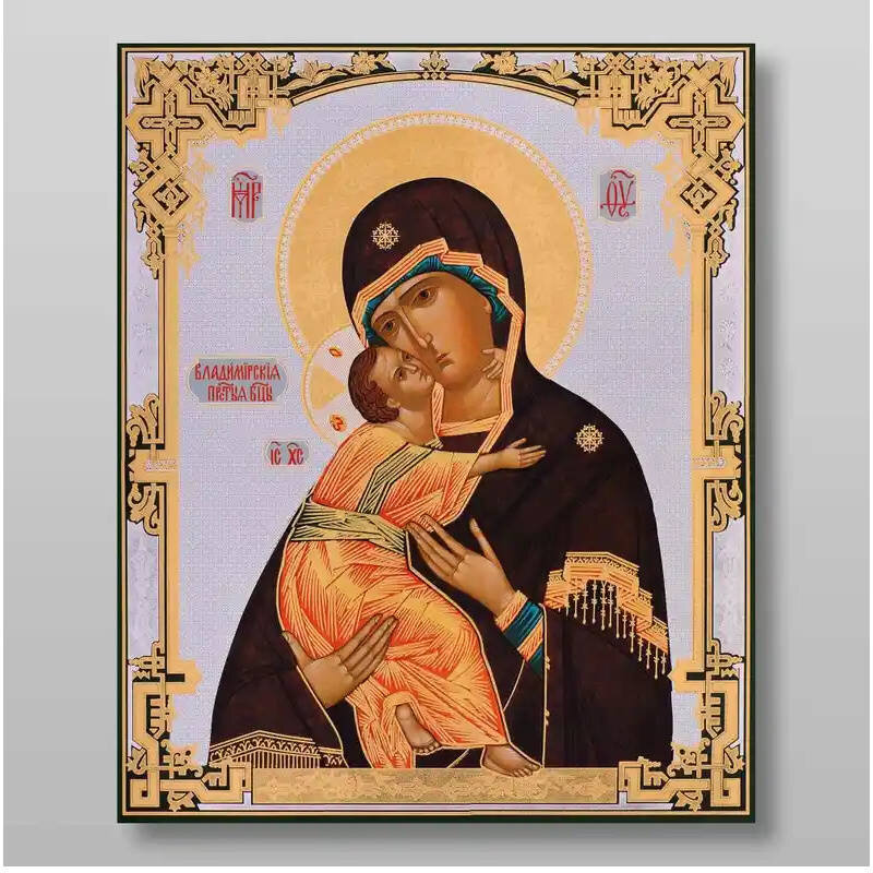 Εικόνα Ορθοδοξίας με περίγραμμα χρυσό σε ξύλο Φλαμουρίας  με  βάση Η Μητέρα του Θεού Βλαντιμίρ Χειροποίητη Ελληνορθόδοξη , Κρεμαστή πλάκα βυζαντινής τέχνης, χριστιανική τέχνη Διάσταση 10x7 cm (3,9 x 2,8 ίντσες) INTRAEK-71286