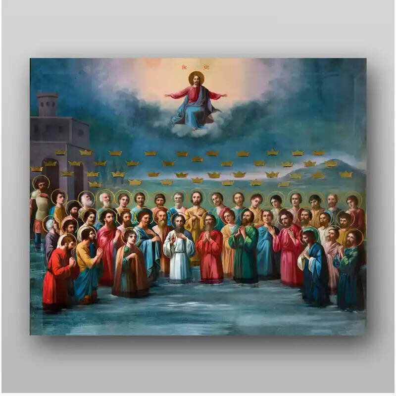 Εικόνα Ορθοδοξίας με περίγραμμα χρυσό σε ξύλο Φλαμουρίας  με  βάση Σαράντα Μάρτυρες της Σεβαστής - Χειροποίητη Ελληνορθόδοξη , Κρεμαστή πλάκα βυζαντινής τέχνης, χριστιανική τέχνη Διάσταση 10x7 cm (3,9 x 2,8 ίντσες) INTRAEK-71285