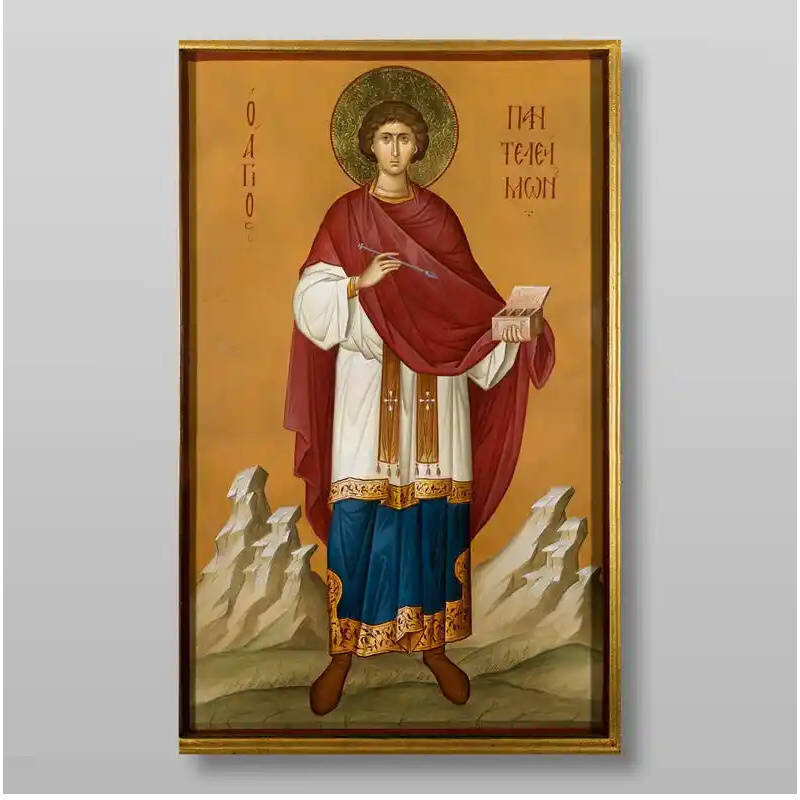 Εικόνα Ορθοδοξίας με περίγραμμα χρυσό σε ξύλο Φλαμουρίας  με  βάση Παντελεήμων ο Μεγαλομάρτυρας, Χειροποίητη Ελληνορθόδοξη , Κρεμαστή πλάκα βυζαντινής τέχνης, χριστιανική τέχνη Διάσταση 10x7 cm (3,9 x 2,8 ίντσες) INTRAEK-71277