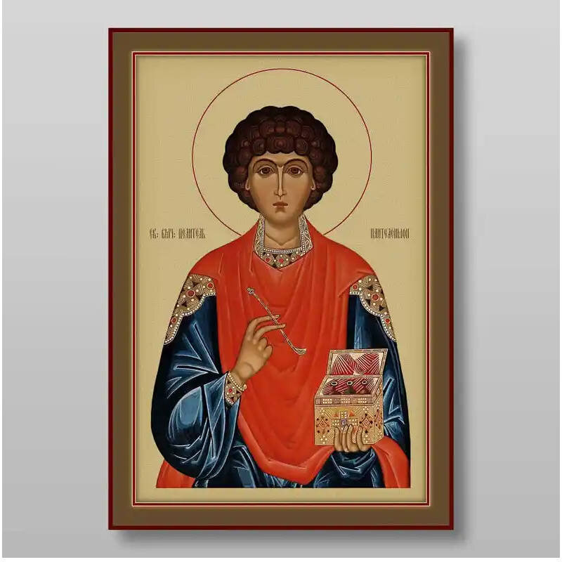 Εικόνα Ορθοδοξίας με περίγραμμα χρυσό σε ξύλο Φλαμουρίας  με  βάση Παντελεήμων ο Μεγαλομάρτυρας, Χειροποίητη Ελληνορθόδοξη , Κρεμαστή πλάκα βυζαντινής τέχνης, χριστιανική τέχνη Διάσταση 10x7 cm (3,9 x 2,8 ίντσες) INTRAEK-71276