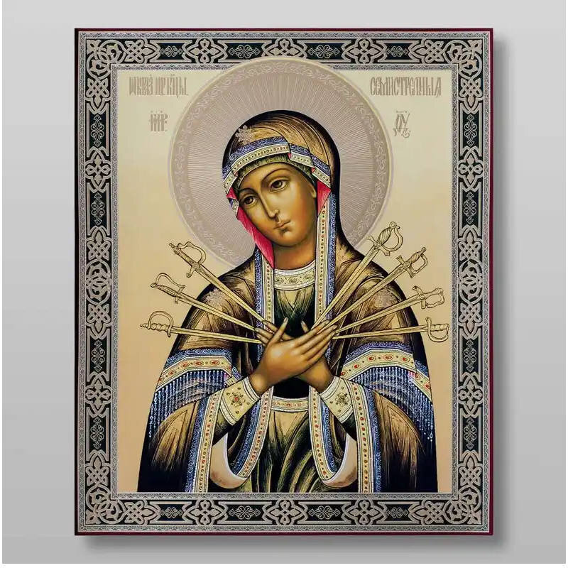 Σετ 2 τεμαχίων – Εικόνα Ορθοδοξίας με περίγραμμα χρυσό σε ξύλο Φλαμουρίας  με  βάση Επτά Βέλη Εικόνα της Μητέρας του Θεού Χειροποίητη Ελληνορθόδοξη , Κρεμαστή πλάκα βυζαντινής τέχνης, χριστιανική τέχνη Διάσταση 15x11 cm (5,9 x 4,3 ίντσες) INTRAEK-21245