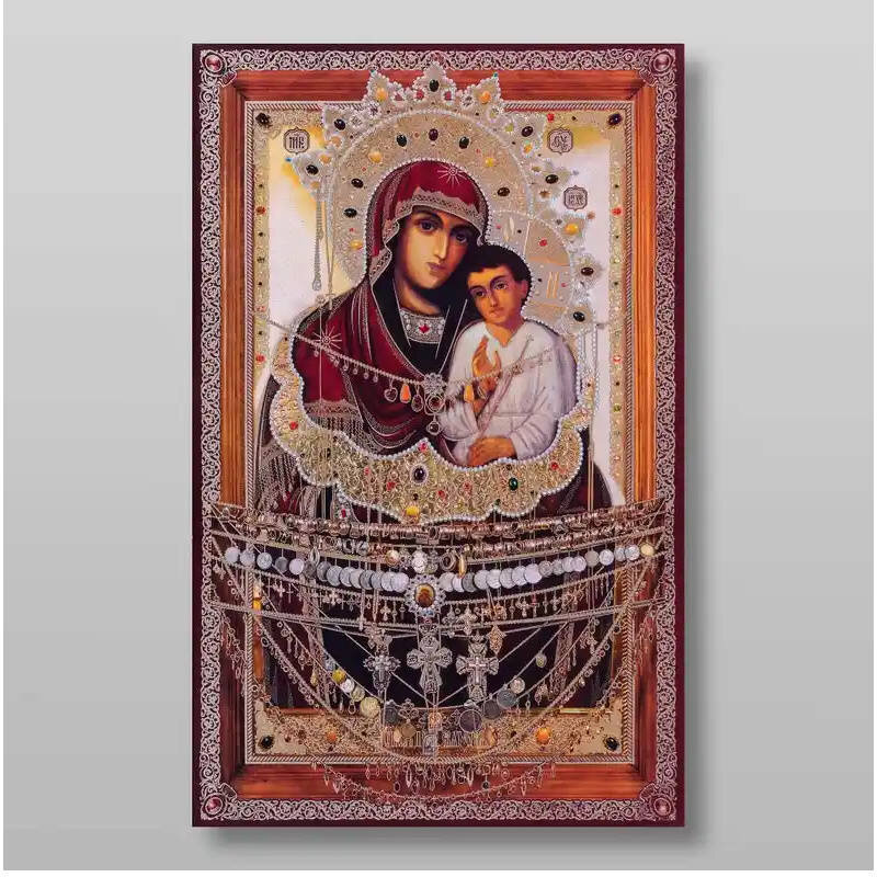 Σετ 2 τεμαχίων – Εικόνα Ορθοδοξίας με περίγραμμα χρυσό σε ξύλο Φλαμουρίας  με  βάση Svyatogorskaya Εικόνα της Μητέρας του Θεού Χειροποίητη Ελληνορθόδοξη , Κρεμαστή πλάκα βυζαντινής τέχνης, χριστιανική τέχνη Διάσταση 15x11 cm (5,9 x 4,3 ίντσες) INTRAEK-212