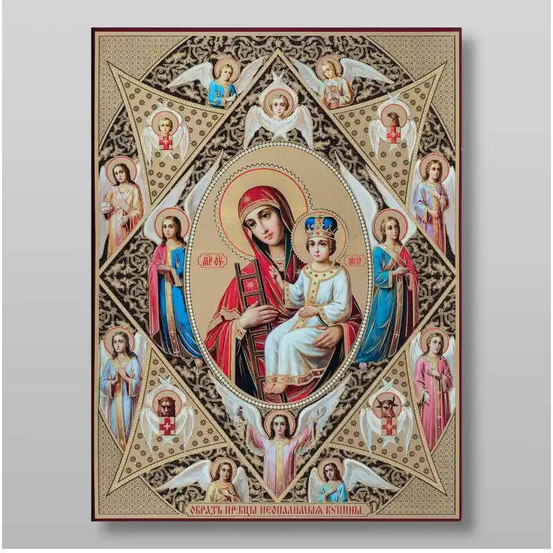 Σετ 2 τεμαχίων – Εικόνα Ορθοδοξίας με περίγραμμα χρυσό σε ξύλο Φλαμουρίας  με  βάση Το Burning Bush Icon of the Mother of God Χειροποίητη Ελληνορθόδοξη , Κρεμαστή πλάκα βυζαντινής τέχνης, χριστιανική τέχνη Διάσταση 15x11 cm (5,9 x 4,3 ίντσες) INTRAEK-2122