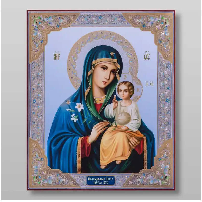 Εικόνα Ορθοδοξίας με περίγραμμα χρυσό σε ξύλο Φλαμουρίας  με  βάση Unfading Flower Icon of the Mother of God Χειροποίητη Ελληνορθόδοξη , Κρεμαστή πλάκα βυζαντινής τέχνης, χριστιανική τέχνη Διάσταση 10x7 cm (3,9 x 2,8 ίντσες) INTRAEK-71224