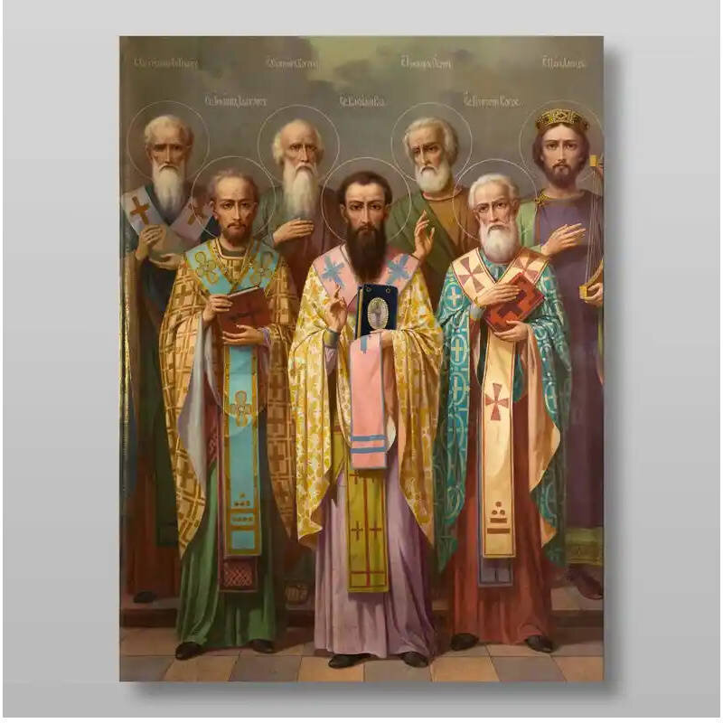 Σετ 2 τεμαχίων – Εικόνα Ορθοδοξίας με περίγραμμα χρυσό σε ξύλο Φλαμουρίας  με  βάση Τρεις Άγιοι και άλλοι, Χειροποίητη Ελληνορθόδοξη , Κρεμαστή πλάκα βυζαντινής τέχνης, χριστιανική τέχνη Διάσταση 15x11 cm (5,9 x 4,3 ίντσες) INTRAEK-21209