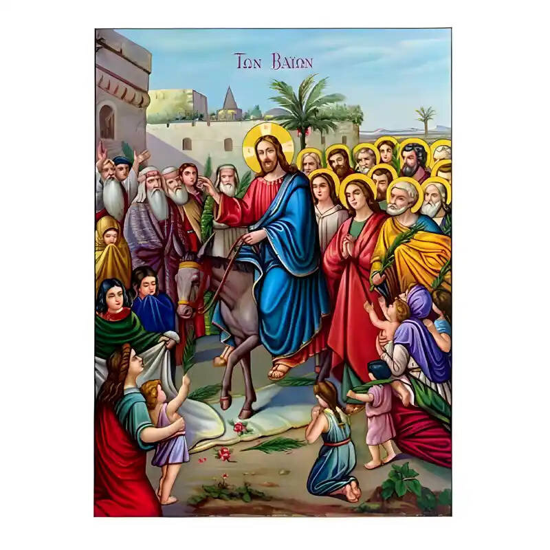 Σετ των 2 Εικόνα Ορθοδοξίας με περίγραμμα χρυσό σε ξύλο Φλαμουρίας  με  βάση Εικόνα Βαϊοφόρος Χειροποίητη Ελληνορθόδοξη , Κρεμαστή πλάκα βυζαντινής τέχνης, χριστιανική τέχνη Διάσταση 10x7 cm (3,9 x 2,8 ίντσες) INTRAEK-670834