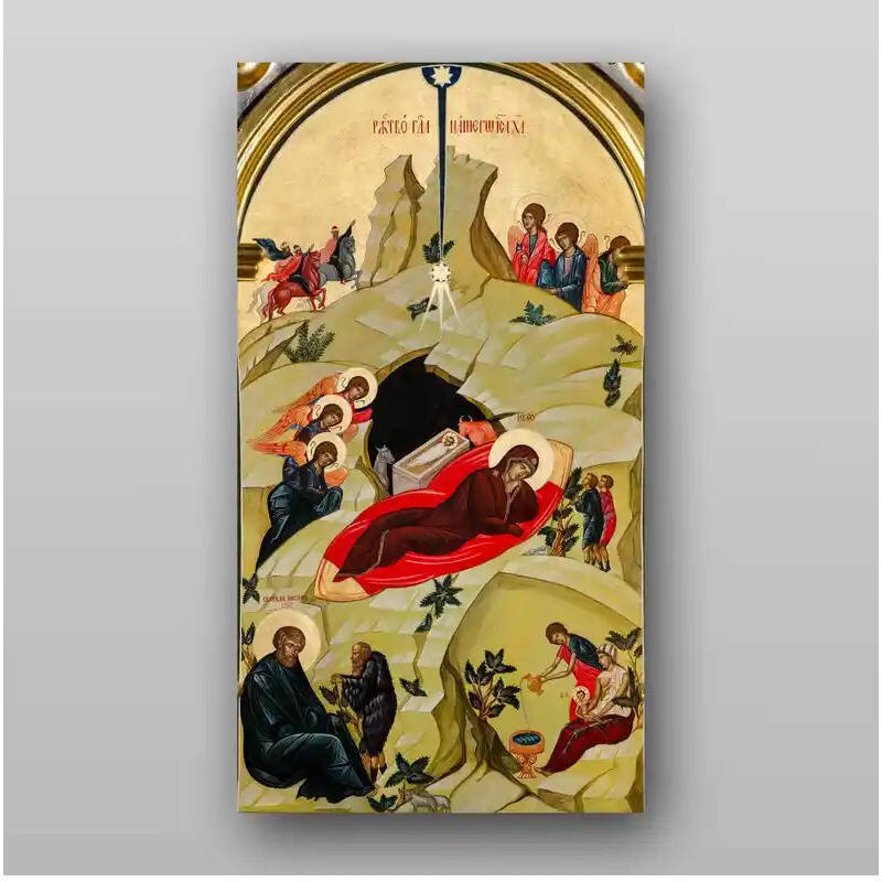 Σετ 2 τεμαχίων – Εικόνα Ορθοδοξίας με περίγραμμα χρυσό σε ξύλο Φλαμουρίας  με  βάση Εικόνα της Γέννησης του Χριστού - Χειροποίητη Ελληνορθόδοξη , Κρεμαστή πλάκα βυζαντινής τέχνης, χριστιανική τέχνη Διάσταση 15x11 cm (5,9 x 4,3 ίντσες) INTRAEK-21161