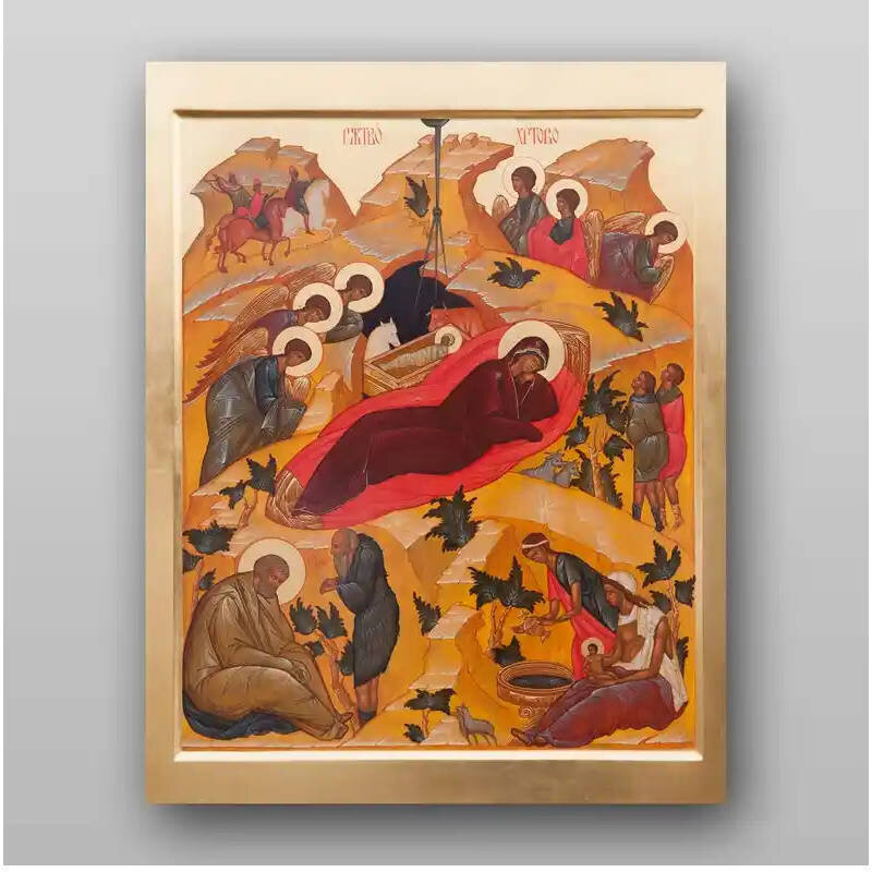 Εικόνα Ορθοδοξίας με περίγραμμα χρυσό σε ξύλο Φλαμουρίας  με  βάση Εικόνα της Γέννησης του Χριστού - Χειροποίητη Ελληνορθόδοξη , Κρεμαστή πλάκα βυζαντινής τέχνης, χριστιανική τέχνη Διάσταση 10x7 cm (3,9 x 2,8 ίντσες) INTRAEK-71158