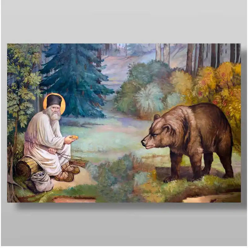 Εικόνα Ορθοδοξίας με περίγραμμα χρυσό σε ξύλο Φλαμουρίας  με  βάση Ο Σεραφείμ και η αρκούδα Χειροποίητη Ελληνορθόδοξη , Κρεμαστή πλάκα βυζαντινής τέχνης, χριστιανική τέχνη Διάσταση 10x7 cm (3,9 x 2,8 ίντσες) INTRAEK-71155