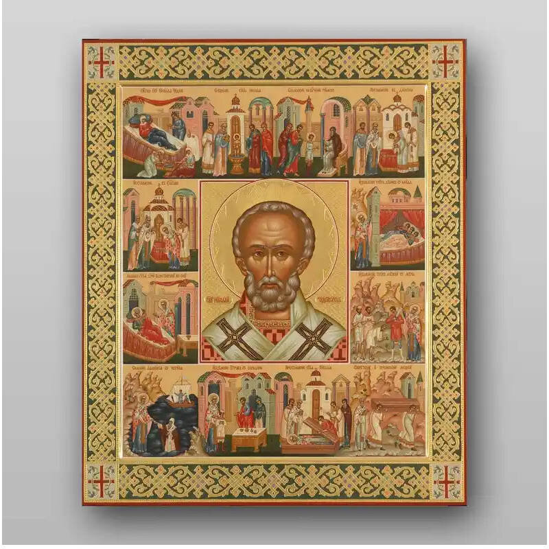 Σετ 2 τεμαχίων – Εικόνα Ορθοδοξίας με περίγραμμα χρυσό σε ξύλο Φλαμουρίας  με  βάση Εικόνα του Αγίου Νικολάου - Χειροποίητη Ελληνορθόδοξη , Κρεμαστή πλάκα βυζαντινής τέχνης, χριστιανική τέχνη Διάσταση 15x11 cm (5,9 x 4,3 ίντσες) INTRAEK-21143