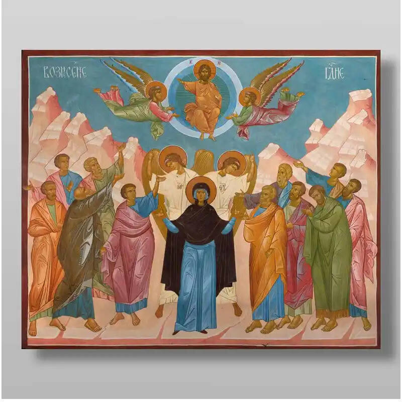 Σετ 2 τεμαχίων – Εικόνα Ορθοδοξίας με περίγραμμα χρυσό σε ξύλο Φλαμουρίας  με  βάση Η Ανάληψη του Κυρίου μας Ιησού Χριστού, Χειροποίητη Ελληνορθόδοξη , Κρεμαστή πλάκα βυζαντινής τέχνης, χριστιανική τέχνη Διάσταση 15x11 cm (5,9 x 4,3 ίντσες) INTRAEK-21124