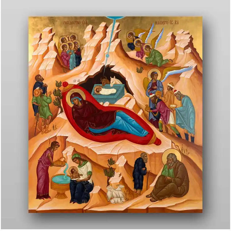 Σετ 2 τεμαχίων – Εικόνα Ορθοδοξίας με περίγραμμα χρυσό σε ξύλο Φλαμουρίας  με  βάση Εικόνα της Γέννησης του Χριστού - Χειροποίητη Ελληνορθόδοξη , Κρεμαστή πλάκα βυζαντινής τέχνης, χριστιανική τέχνη Διάσταση 15x11 cm (5,9 x 4,3 ίντσες) INTRAEK-21122