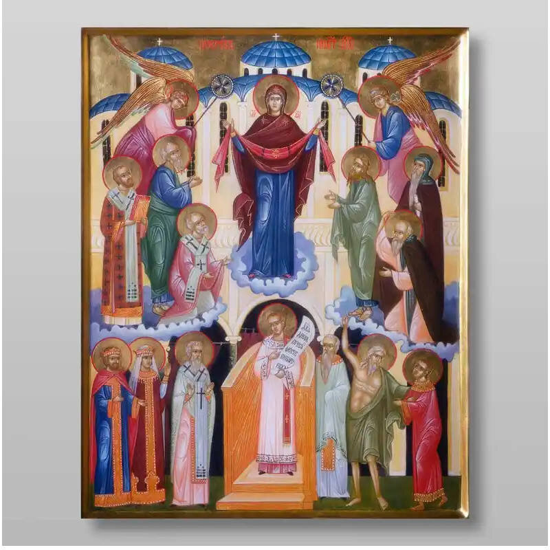 Σετ 2 τεμαχίων – Εικόνα Ορθοδοξίας με περίγραμμα χρυσό σε ξύλο Φλαμουρίας  με  βάση Pokrov Εικόνα της Μητέρας του Θεού Χειροποίητη Ελληνορθόδοξη , Κρεμαστή πλάκα βυζαντινής τέχνης, χριστιανική τέχνη Διάσταση 15x11 cm (5,9 x 4,3 ίντσες) INTRAEK-21117