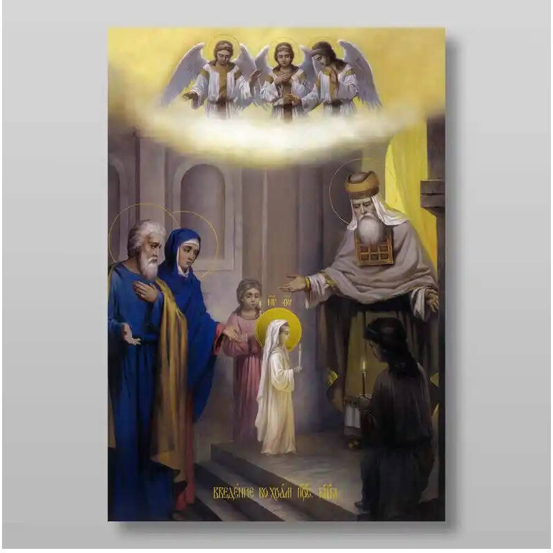 Σετ 2 τεμαχίων – Εικόνα Ορθοδοξίας με περίγραμμα χρυσό σε ξύλο Φλαμουρίας  με  βάση Εισαγωγή της Θεοτόκου στο Ναό, Χειροποίητη Ελληνορθόδοξη , Κρεμαστή πλάκα βυζαντινής τέχνης, χριστιανική τέχνη Διάσταση 15x11 cm (5,9 x 4,3 ίντσες) INTRAEK-21102