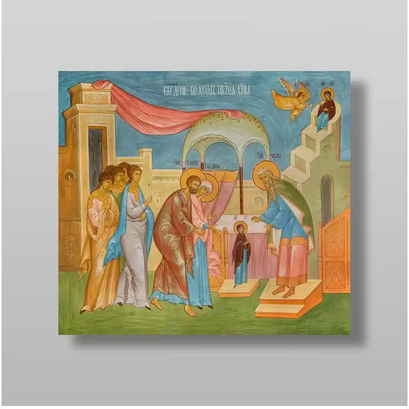 Σετ 2 τεμαχίων – Εικόνα Ορθοδοξίας με περίγραμμα χρυσό σε ξύλο Φλαμουρίας  με  βάση Εισαγωγή της Θεοτόκου στο Ναό, Χειροποίητη Ελληνορθόδοξη , Κρεμαστή πλάκα βυζαντινής τέχνης, χριστιανική τέχνη Διάσταση 15x11 cm (5,9 x 4,3 ίντσες) INTRAEK-21092