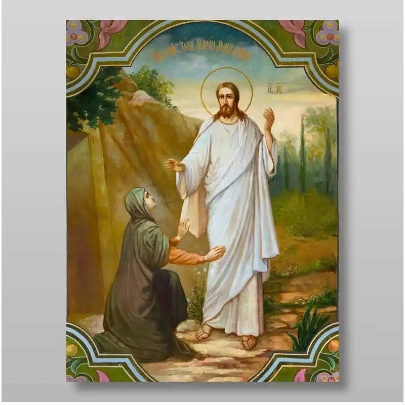 Εικόνα Ορθοδοξίας με περίγραμμα χρυσό σε ξύλο Φλαμουρίας  με  βάση Εμφάνιση του Χριστού στη Μαρία τη Μαγδαληνή Χειροποίητη Ελληνορθόδοξη , Κρεμαστή πλάκα βυζαντινής τέχνης, χριστιανική τέχνη Διάσταση 10x7 cm (3,9 x 2,8 ίντσες) INTRAEK-71087