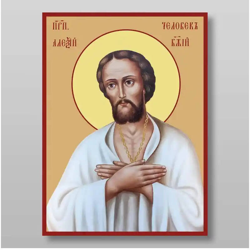 Εικόνα Ορθοδοξίας με περίγραμμα χρυσό σε ξύλο Φλαμουρίας  με  βάση Αλέξιος ο άνθρωπος του Θεού, άγιος, ευλογημένος, Χειροποίητη Ελληνορθόδοξη , Κρεμαστή πλάκα βυζαντινής τέχνης, χριστιανική τέχνη Διάσταση 10x7 cm (3,9 x 2,8 ίντσες) INTRAEK-71067