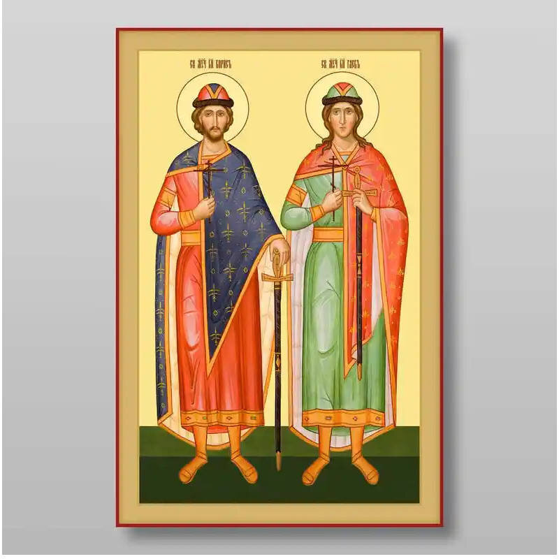 Εικόνα Ορθοδοξίας με περίγραμμα χρυσό σε ξύλο Φλαμουρίας  με  βάση Boris and Gleb άγιος ευγενής πρίγκιπας μάρτυρες Χειροποίητη Ελληνορθόδοξη , Κρεμαστή πλάκα βυζαντινής τέχνης, χριστιανική τέχνη Διάσταση 10x7 cm (3,9 x 2,8 ίντσες) INTRAEK-71052