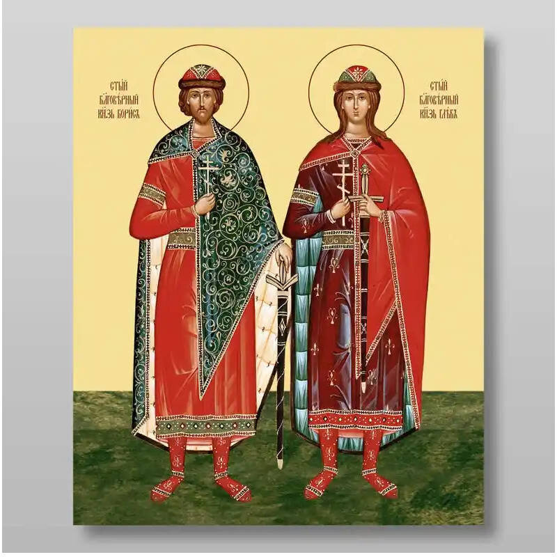Εικόνα Ορθοδοξίας με περίγραμμα χρυσό σε ξύλο Φλαμουρίας  με  βάση Boris and Gleb άγιος ευγενής πρίγκιπας μάρτυρες Χειροποίητη Ελληνορθόδοξη , Κρεμαστή πλάκα βυζαντινής τέχνης, χριστιανική τέχνη Διάσταση 10x7 cm (3,9 x 2,8 ίντσες) INTRAEK-71051
