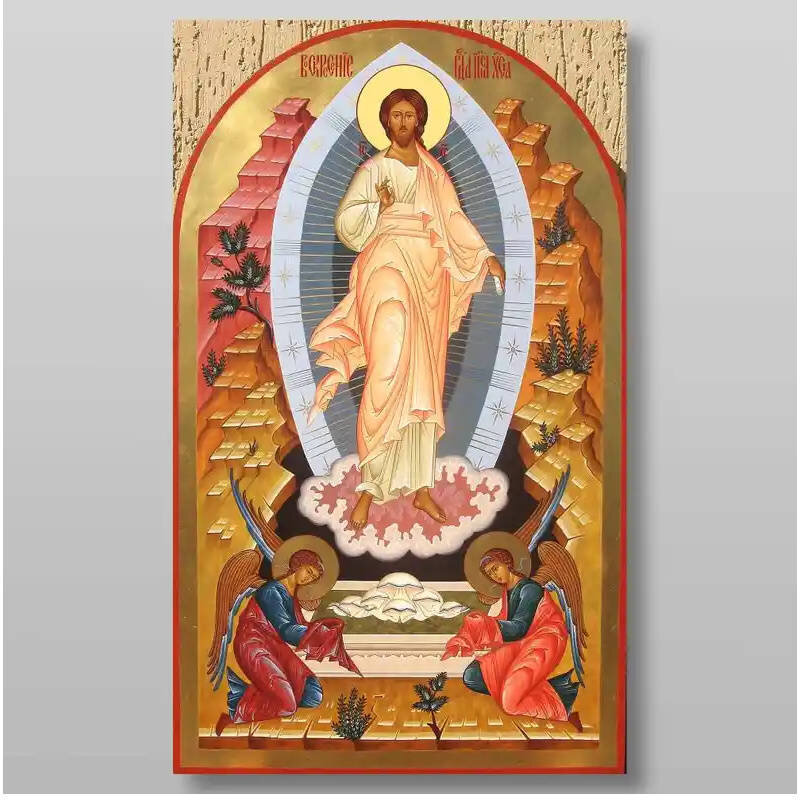 Σετ των 2 Εικόνα Ορθοδοξίας με περίγραμμα χρυσό σε ξύλο Φλαμουρίας  με  βάση Ανάσταση του Χριστού Χειροποίητη Ελληνορθόδοξη , Κρεμαστή πλάκα βυζαντινής τέχνης, χριστιανική τέχνη Διάσταση 15x11 cm (5,9 x 4,3 ίντσες) INTRAEK-21039