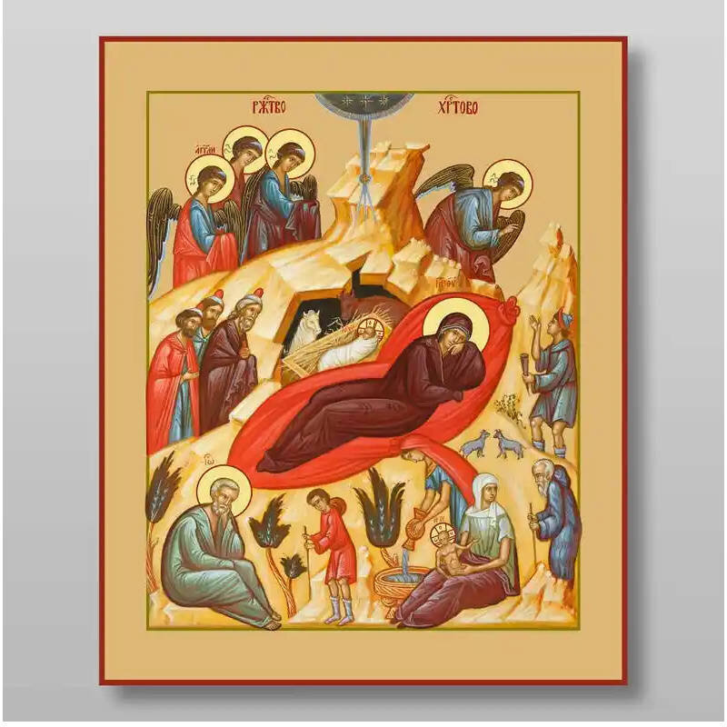 Σετ των 2 Εικόνα Ορθοδοξίας με περίγραμμα χρυσό σε ξύλο Φλαμουρίας  με  βάση Γέννηση του Ιησού Χριστού, Χειροποίητη Ελληνορθόδοξη , Κρεμαστή πλάκα βυζαντινής τέχνης, χριστιανική τέχνη Διάσταση 15x11 cm (5,9 x 4,3 ίντσες) INTRAEK-21036