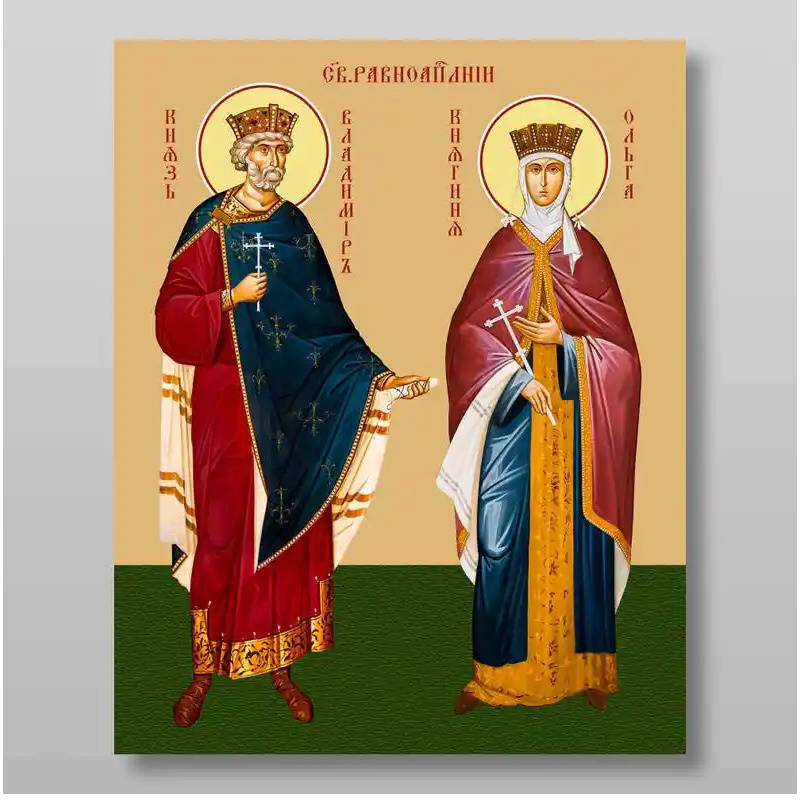 Σετ των 2 Εικόνα Ορθοδοξίας με περίγραμμα χρυσό σε ξύλο Φλαμουρίας  με  βάση Οι άγιοι Βλαντιμίρ και Όλγα Χειροποίητη Ελληνορθόδοξη , Κρεμαστή πλάκα βυζαντινής τέχνης, χριστιανική τέχνη Διάσταση 15x11 cm (5,9 x 4,3 ίντσες) INTRAEK-21033