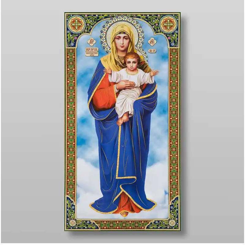 Σετ των 2 Εικόνα Ορθοδοξίας με περίγραμμα χρυσό σε ξύλο Φλαμουρίας  με  βάση The Mother of God Blessed Heaven Χειροποίητη Ελληνορθόδοξη , Κρεμαστή πλάκα βυζαντινής τέχνης, χριστιανική τέχνη Διάσταση 15x11 cm (5,9 x 4,3 ίντσες) INTRAEK-2998