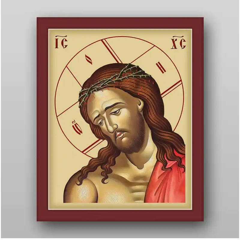 Σετ των 2 Εικόνα Ορθοδοξίας με περίγραμμα χρυσό σε ξύλο Φλαμουρίας  με  βάση Ο Ιησούς Χριστός στο αγκάθινο στεφάνι - Χειροποίητη Ελληνορθόδοξη , Κρεμαστή πλάκα βυζαντινής τέχνης, χριστιανική τέχνη Διάσταση 15x11 cm (5,9 x 4,3 ίντσες) INTRAEK-2984
