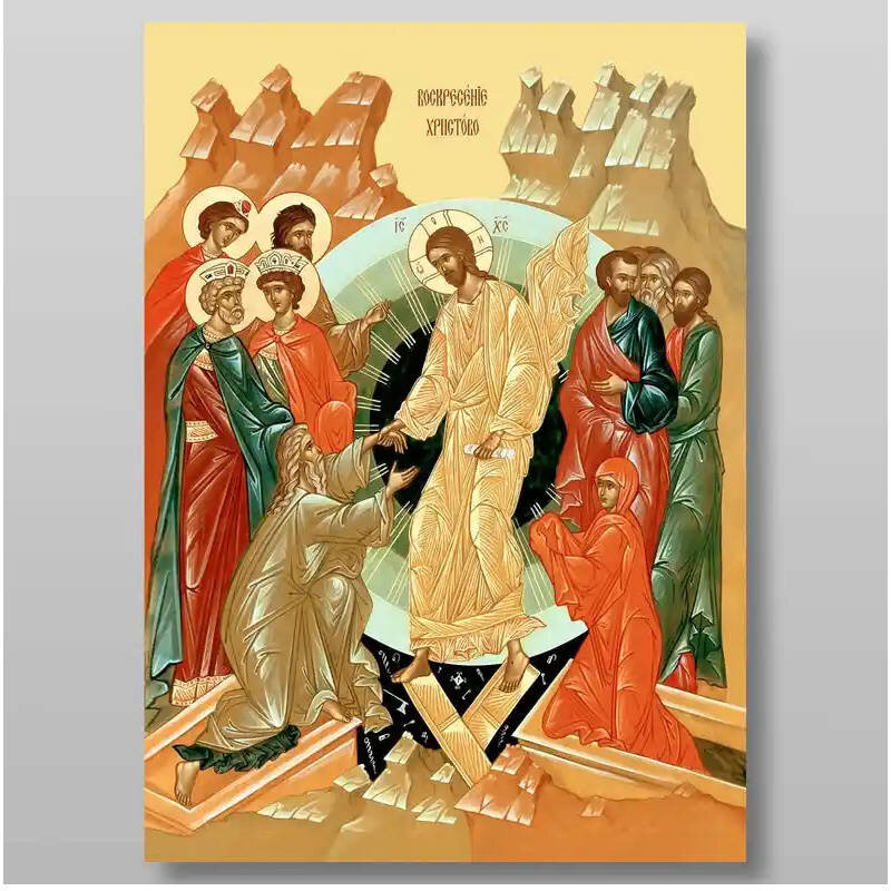 Εικόνα Ορθοδοξίας με περίγραμμα χρυσό σε ξύλο Φλαμουρίας  με  βάση Ανάσταση Χριστού. Το Harrowing of Hades Χειροποίητη Ελληνορθόδοξη , Κρεμαστή πλάκα βυζαντινής τέχνης, χριστιανική τέχνη Διάσταση 10x7 cm (3,9 x 2,8 ίντσες) INTRAEK-7979
