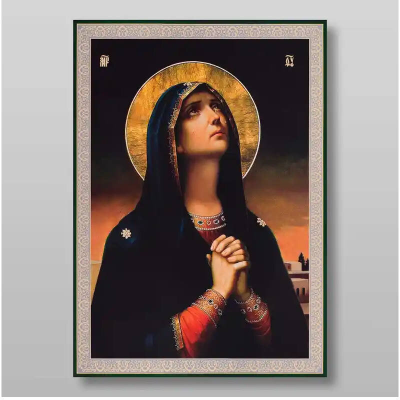 Σετ των 2 Εικόνα Ορθοδοξίας με περίγραμμα χρυσό σε ξύλο Φλαμουρίας  με  βάση Η Παναγία των Κλαίνων Χειροποίητη Ελληνορθόδοξη , Κρεμαστή πλάκα βυζαντινής τέχνης, χριστιανική τέχνη Διάσταση 15x11 cm (5,9 x 4,3 ίντσες) INTRAEK-2940