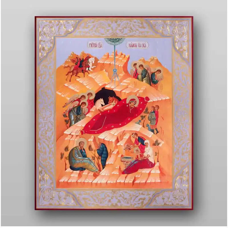 Σετ των 2 Εικόνα Ορθοδοξίας με περίγραμμα χρυσό σε ξύλο Φλαμουρίας  με  βάση Εικόνα της Γέννησης του Χριστού - Χειροποίητη Ελληνορθόδοξη , Κρεμαστή πλάκα βυζαντινής τέχνης, χριστιανική τέχνη Διάσταση 15x11 cm (5,9 x 4,3 ίντσες) INTRAEK-2934