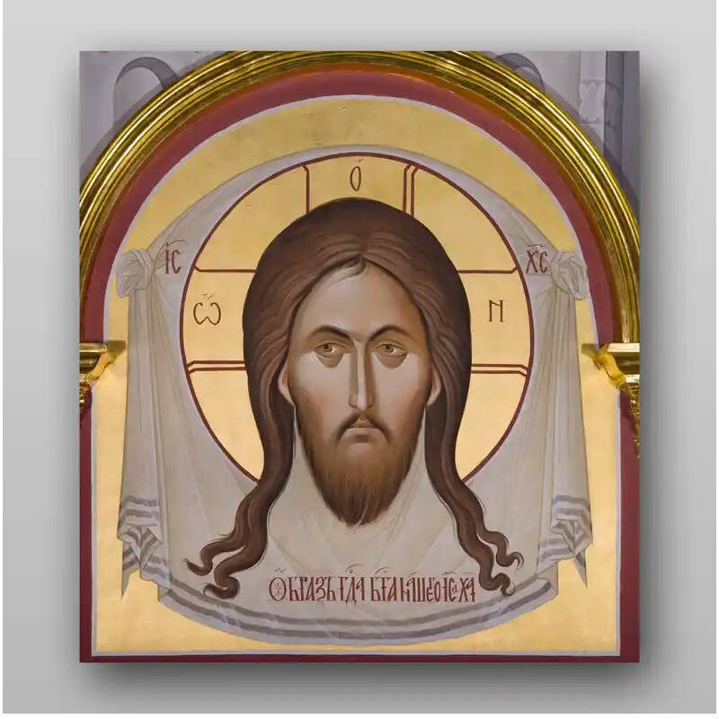 Εικόνα Ορθοδοξίας με περίγραμμα χρυσό σε ξύλο Φλαμουρίας  με  βάση Το Savior Not Made by Hands Χειροποίητη Ελληνορθόδοξη , Κρεμαστή πλάκα βυζαντινής τέχνης, χριστιανική τέχνη Διάσταση 10x7 cm (3,9 x 2,8 ίντσες) INTRAEK-7925