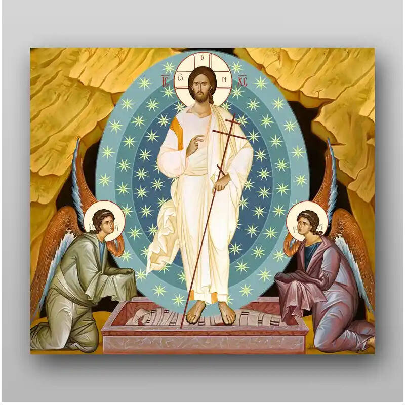 Σετ των 2 Εικόνα Ορθοδοξίας με περίγραμμα χρυσό σε ξύλο Φλαμουρίας  με  βάση Ανάσταση Χριστού - Χειροποίητη Ελληνορθόδοξη , Κρεμαστή πλάκα βυζαντινής τέχνης, χριστιανική τέχνη Διάσταση 15x11 cm (5,9 x 4,3 ίντσες) INTRAEK-2913