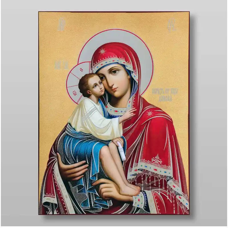 Σετ των 2 Εικόνα Ορθοδοξίας με περίγραμμα χρυσό σε ξύλο Φλαμουρίας  με  βάση Εικόνα της Μητέρας του Θεού Donskaya Χειροποίητη Ελληνορθόδοξη , Κρεμαστή πλάκα βυζαντινής τέχνης, χριστιανική τέχνη Διάσταση 15x11 cm (5,9 x 4,3 ίντσες) INTRAEK-2912