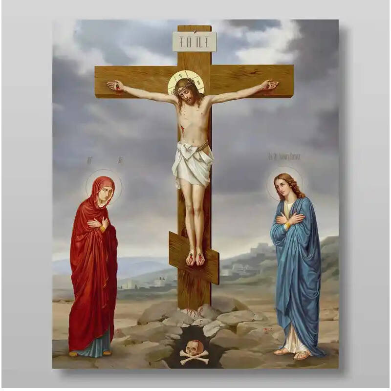 Σετ των 2 Εικόνα Ορθοδοξίας με περίγραμμα χρυσό σε ξύλο Φλαμουρίας  με  βάση Γολγοθά Χειροποίητη Ελληνορθόδοξη , Κρεμαστή πλάκα βυζαντινής τέχνης, χριστιανική τέχνη Διάσταση 15x11 cm (5,9 x 4,3 ίντσες) INTRAEK-2899