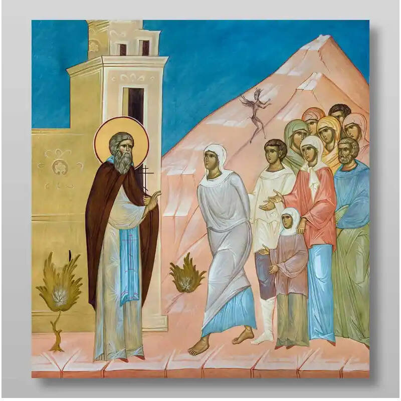 Σετ των 2 Εικόνα Ορθοδοξίας με περίγραμμα χρυσό σε ξύλο Φλαμουρίας  με  βάση Ο Αμφιλόχιος θεραπεύει τον άρρωστο Χειροποίητη Ελληνορθόδοξη , Κρεμαστή πλάκα βυζαντινής τέχνης, χριστιανική τέχνη Διάσταση 15x11 cm (5,9 x 4,3 ίντσες) INTRAEK-2891