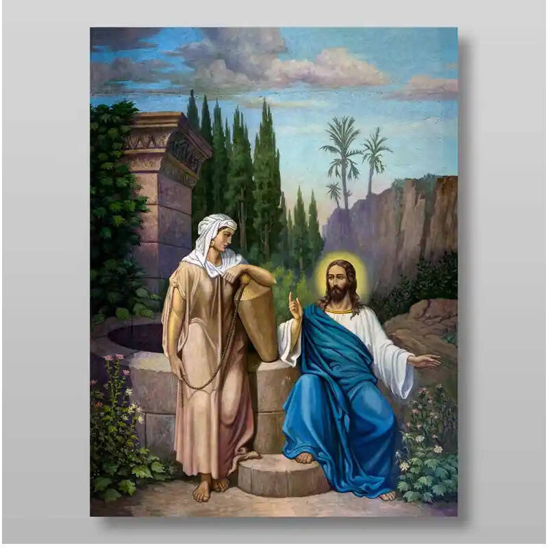 Εικόνα Ορθοδοξίας με περίγραμμα χρυσό σε ξύλο Φλαμουρίας  με  βάση Ο Χριστός και η Σαμαρείτιδα Χειροποίητη Ελληνορθόδοξη , Κρεμαστή πλάκα βυζαντινής τέχνης, χριστιανική τέχνη Διάσταση 10x7 cm (3,9 x 2,8 ίντσες) INTRAEK-7871