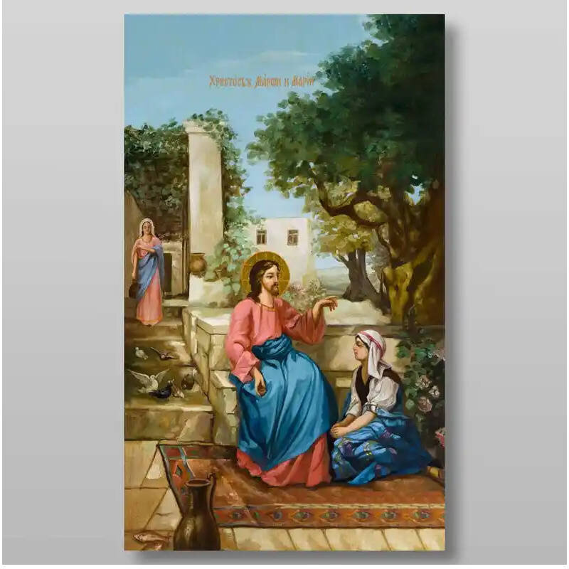 Σετ των 2 Εικόνα Ορθοδοξίας με περίγραμμα χρυσό σε ξύλο Φλαμουρίας  με  βάση Ο Χριστός με τη Μάρθα και τη Μαρία Χειροποίητη Ελληνορθόδοξη , Κρεμαστή πλάκα βυζαντινής τέχνης, χριστιανική τέχνη Διάσταση 15x11 cm (5,9 x 4,3 ίντσες) INTRAEK-2866