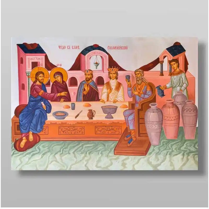 Σετ των 2 Εικόνα Ορθοδοξίας με περίγραμμα χρυσό σε ξύλο Φλαμουρίας  με  βάση Θαύμα στην Κανά της Γαλιλαίας Χειροποίητη Ελληνορθόδοξη , Κρεμαστή πλάκα βυζαντινής τέχνης, χριστιανική τέχνη Διάσταση 15x11 cm (5,9 x 4,3 ίντσες) INTRAEK-2865