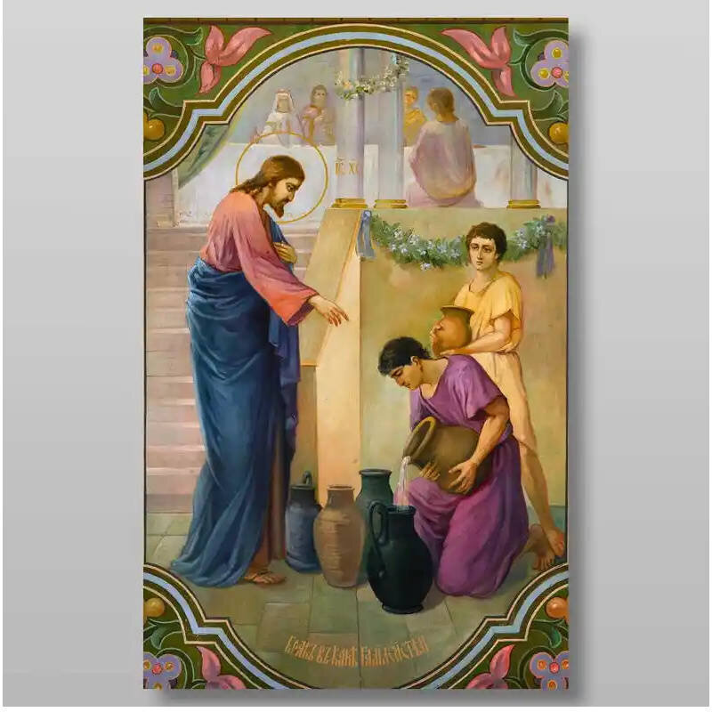 Εικόνα Ορθοδοξίας με περίγραμμα χρυσό σε ξύλο Φλαμουρίας  με  βάση Θαύμα στην Κανά της Γαλιλαίας Χειροποίητη Ελληνορθόδοξη , Κρεμαστή πλάκα βυζαντινής τέχνης, χριστιανική τέχνη Διάσταση 10x7 cm (3,9 x 2,8 ίντσες) INTRAEK-7864