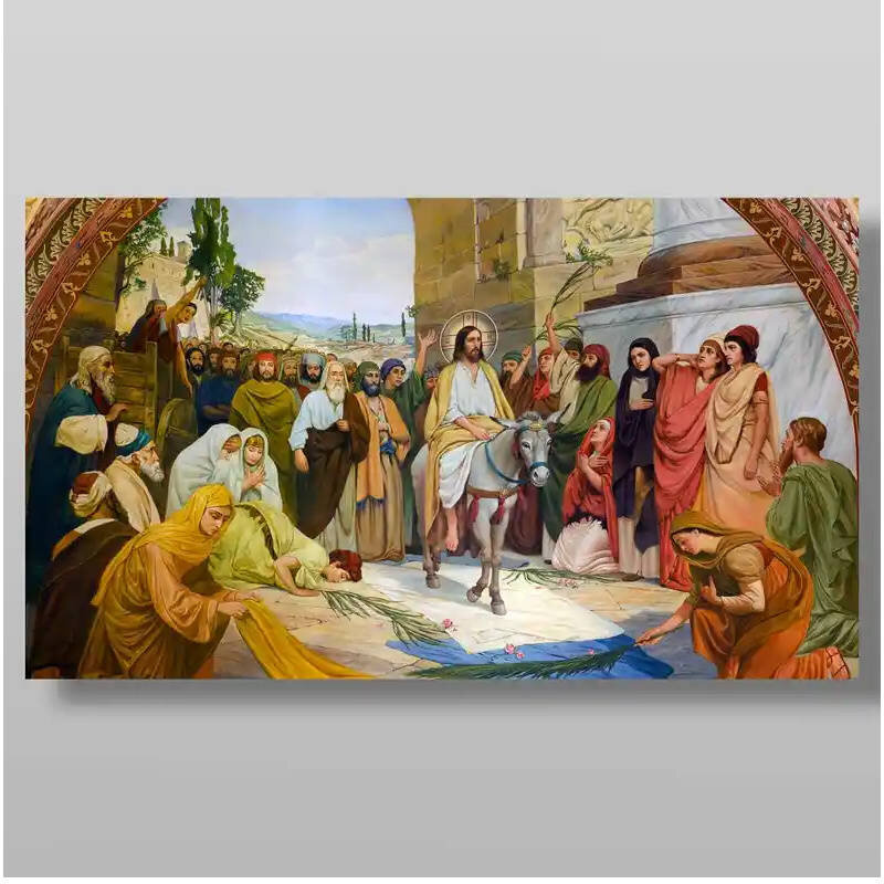 Εικόνα Ορθοδοξίας με περίγραμμα χρυσό σε ξύλο Φλαμουρίας  με  βάση Η είσοδος του Κυρίου στην Ιερουσαλήμ Κυριακή των Βαΐων Χειροποίητη Ελληνορθόδοξη , Κρεμαστή πλάκα βυζαντινής τέχνης, χριστιανική τέχνη Διάσταση 10x7 cm (3,9 x 2,8 ίντσες) INTRAEK-7852