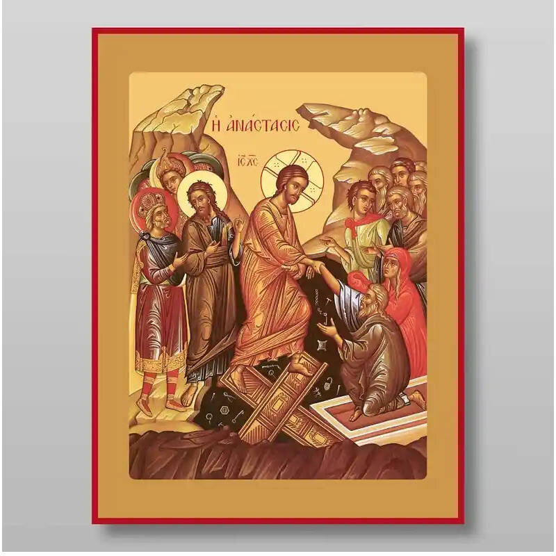 Εικόνα Ορθοδοξίας με περίγραμμα χρυσό σε ξύλο Φλαμουρίας  με  βάση Ανάσταση Χριστού. Το Harrowing of Hades Χειροποίητη Ελληνορθόδοξη , Κρεμαστή πλάκα βυζαντινής τέχνης, χριστιανική τέχνη Διάσταση 10x7 cm (3,9 x 2,8 ίντσες) INTRAEK-7851