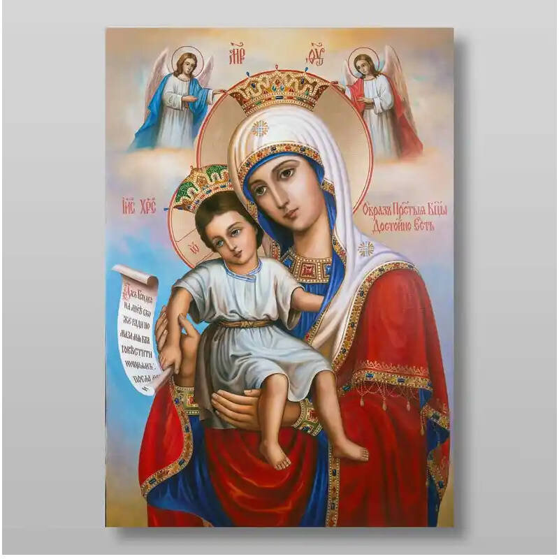 Σετ των 2 Εικόνα Ορθοδοξίας με περίγραμμα χρυσό σε ξύλο Φλαμουρίας  με  βάση Εικόνα της Μητέρας του Θεού It is Truly Meet Χειροποίητη Ελληνορθόδοξη , Κρεμαστή πλάκα βυζαντινής τέχνης, χριστιανική τέχνη Διάσταση 15x11 cm (5,9 x 4,3 ίντσες) INTRAEK-2840