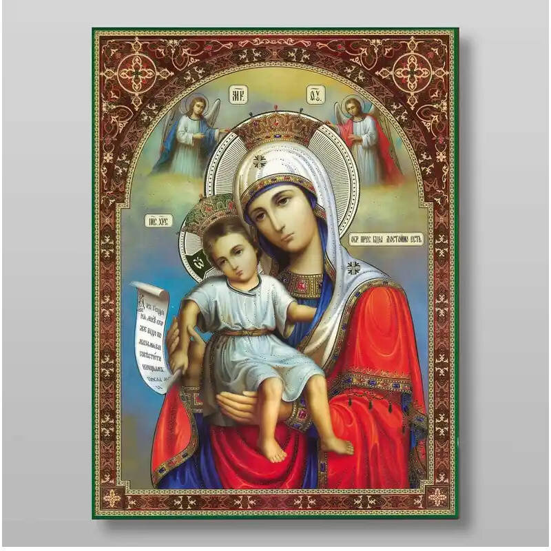 Σετ των 2 Εικόνα Ορθοδοξίας με περίγραμμα χρυσό σε ξύλο Φλαμουρίας  με  βάση Εικόνα της Μητέρας του Θεού It is Truly Meet Χειροποίητη Ελληνορθόδοξη , Κρεμαστή πλάκα βυζαντινής τέχνης, χριστιανική τέχνη Διάσταση 15x11 cm (5,9 x 4,3 ίντσες) INTRAEK-2838