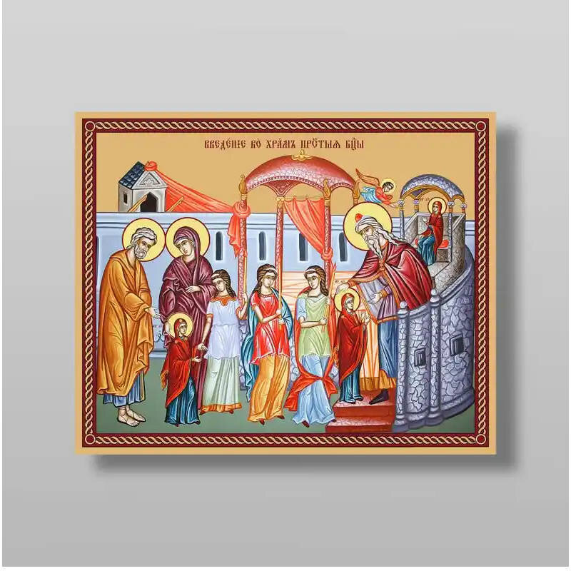 Σετ των 2 Εικόνα Ορθοδοξίας με περίγραμμα χρυσό σε ξύλο Φλαμουρίας  με  βάση Εισαγωγή της Θεοτόκου στο Ναό, Χειροποίητη Ελληνορθόδοξη , Κρεμαστή πλάκα βυζαντινής τέχνης, χριστιανική τέχνη Διάσταση 15x11 cm (5,9 x 4,3 ίντσες) INTRAEK-2818