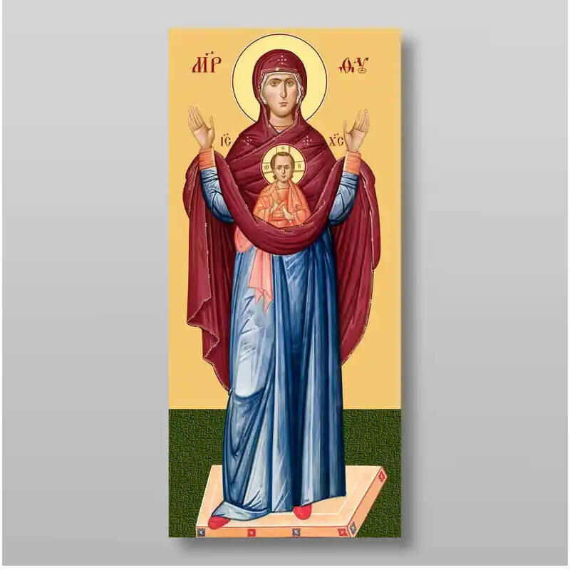 Σετ των 2 Εικόνα Ορθοδοξίας με περίγραμμα χρυσό σε ξύλο Φλαμουρίας  με  βάση Εικόνα της Μητέρας του Θεού, του Σημαδίου Χειροποίητη Ελληνορθόδοξη , Κρεμαστή πλάκα βυζαντινής τέχνης, χριστιανική τέχνη Διάσταση 15x11 cm (5,9 x 4,3 ίντσες) INTRAEK-2816