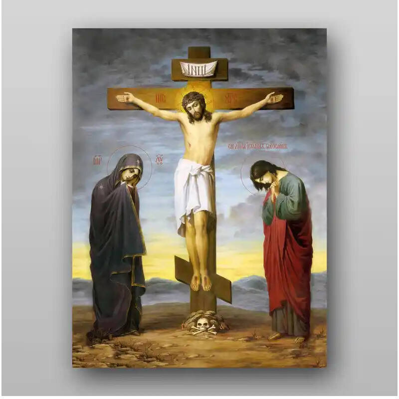 Σετ των 2 Εικόνα Ορθοδοξίας με περίγραμμα χρυσό σε ξύλο Φλαμουρίας  με  βάση Σταύρωση του Ιησού Χριστού στο Σταυρό. Calvary - Χειροποίητη Ελληνορθόδοξη , Κρεμαστή πλάκα βυζαντινής τέχνης, χριστιανική τέχνη Διάσταση 15x11 cm (5,9 x 4,3 ίντσες) INTRAEK-2803