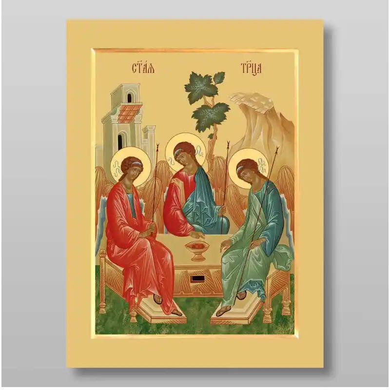 Σετ των 2 Εικόνα Ορθοδοξίας με περίγραμμα χρυσό σε ξύλο Φλαμουρίας  με  βάση Η Αγία Τριάδα Χειροποίητη Ελληνορθόδοξη , Κρεμαστή πλάκα βυζαντινής τέχνης, χριστιανική τέχνη Διάσταση 15x11 cm (5,9 x 4,3 ίντσες) INTRAEK-2802