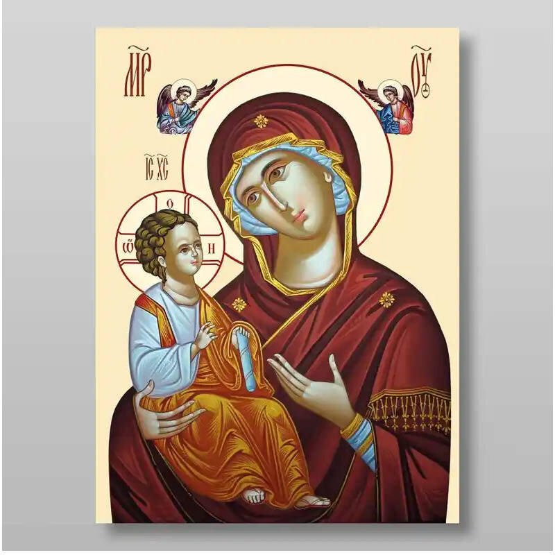Σετ των 2 Εικόνα Ορθοδοξίας με περίγραμμα χρυσό σε ξύλο Φλαμουρίας  με  βάση Εικόνα της Θεοτόκου της Ιερουσαλήμ Χειροποίητη Ελληνορθόδοξη , Κρεμαστή πλάκα βυζαντινής τέχνης, χριστιανική τέχνη Διάσταση 15x11 cm (5,9 x 4,3 ίντσες) INTRAEK-2795