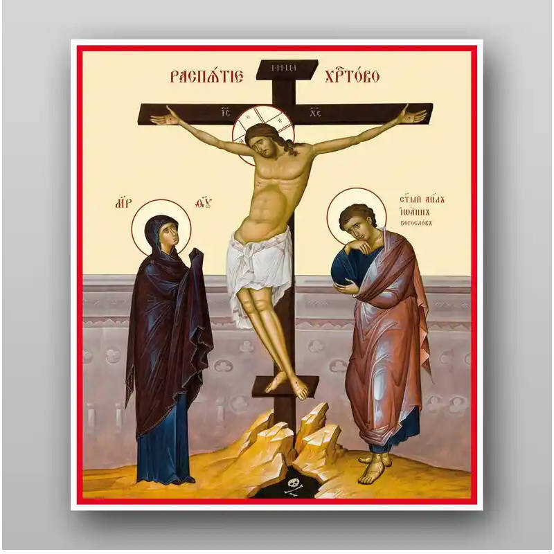 Σετ των 2 Εικόνα Ορθοδοξίας με περίγραμμα χρυσό σε ξύλο Φλαμουρίας  με  βάση Σταύρωση του Ιησού Χριστού στο Σταυρό. Calvary - Χειροποίητη Ελληνορθόδοξη , Κρεμαστή πλάκα βυζαντινής τέχνης, χριστιανική τέχνη Διάσταση 15x11 cm (5,9 x 4,3 ίντσες) INTRAEK-2790